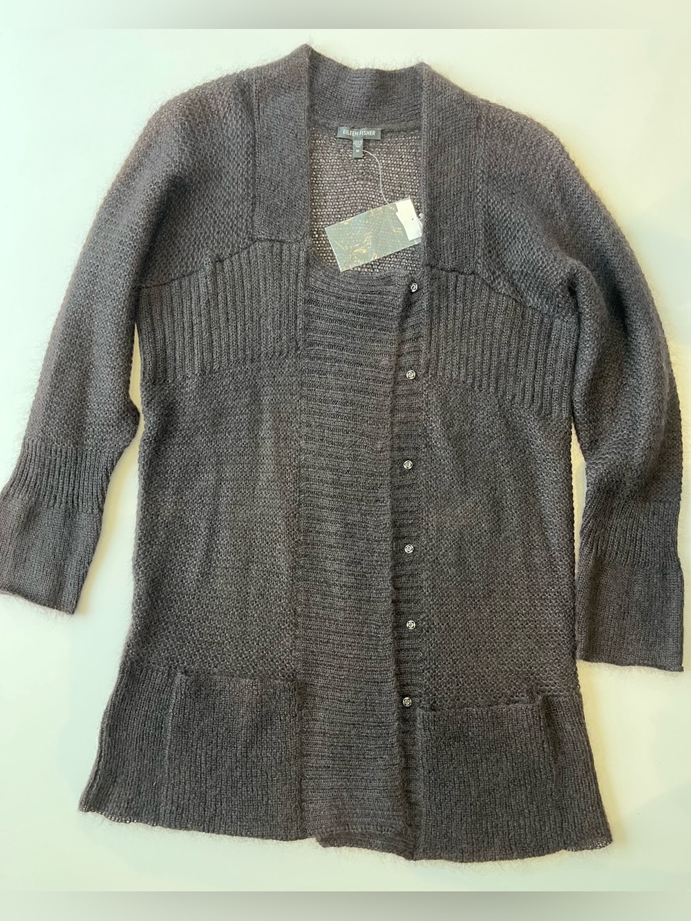 Eileen Fisher Mohair Blend Snap Front Cardigan Sweater M Purple/Charcoal Pockets - Picture 2 of 8